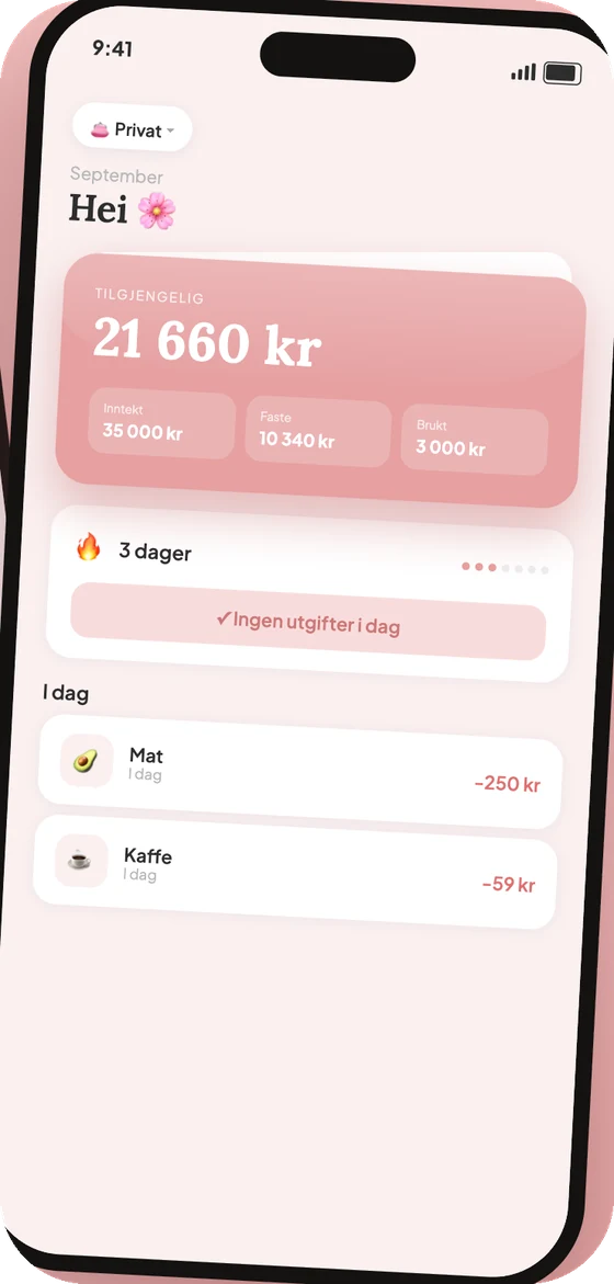 Hjemskjermen i Lomma viser hvor mye som er tilgjengelig i september etter at faste utgifter er trukket fra.